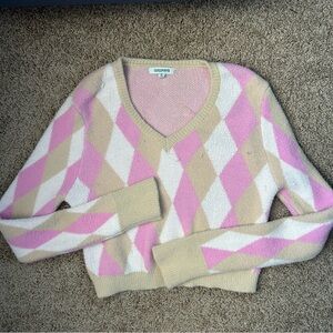 W Cocovive Pink Argyle Pullover Cropped Sweater Size L |D43